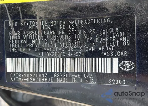 2012 Toyota Avalon из США, поврежденный, VIN 4T1BK3DB0CU449929